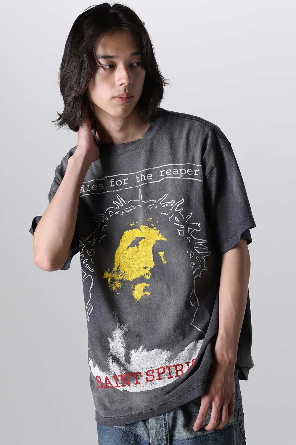 SAINT MICHAEL SS TEE/B FOR REAPER Jesus Hell's Angels Washed and Distressed Short Sleeves Washed Black S-XL Garment Dyed Printed Washed and Distressed